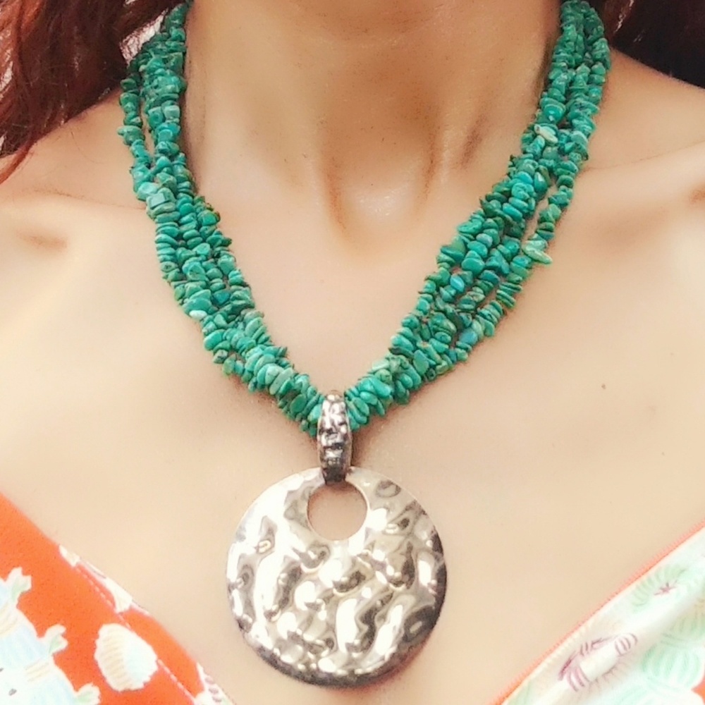 Vintage Oversized Multi-Strand Turquoise & Sterling Silver Necklace - Picture 2 of 8